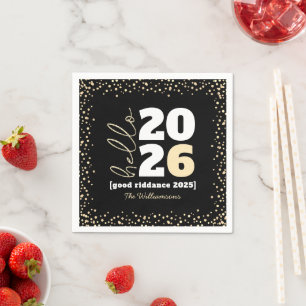 Hello New Year Black Gold Modern Custom Year Name Napkin