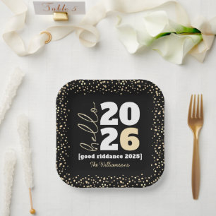Hello New Year Black Gold Modern Custom Year Name Paper Plate