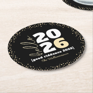 Hello New Year Black Gold Modern Custom Year Name Round Paper Coaster