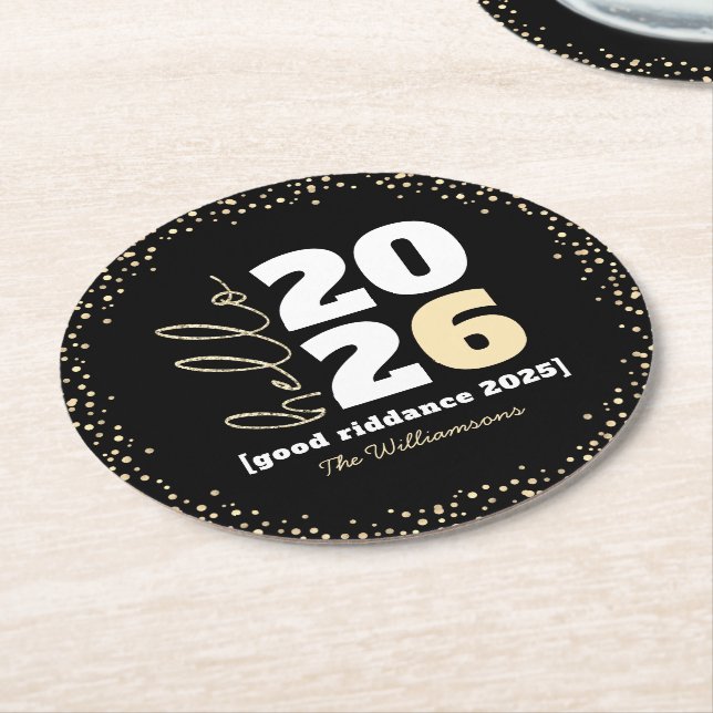 Hello New Year Black Gold Modern Custom Year Name Round Paper Coaster (Angled)