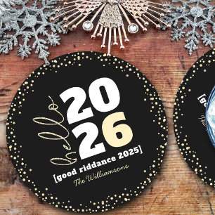 Hello New Year Black Gold Modern Custom Year Name Round Paper Coaster