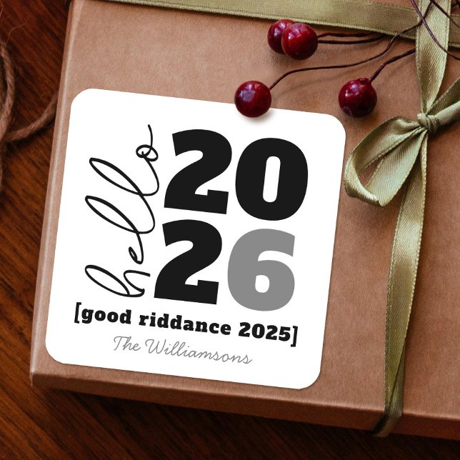 Hello New Year Black White Bold Custom Year Name Square Sticker (Creator Uploaded)