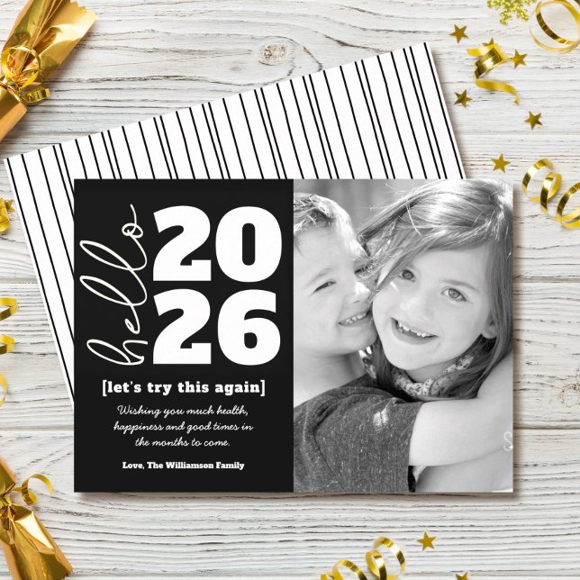 Hello New Year Black White Bold Custom Year Photo Holiday Card (Creator Uploaded)