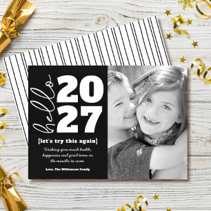 Hello New Year Black White Bold Custom Year Photo Holiday Card