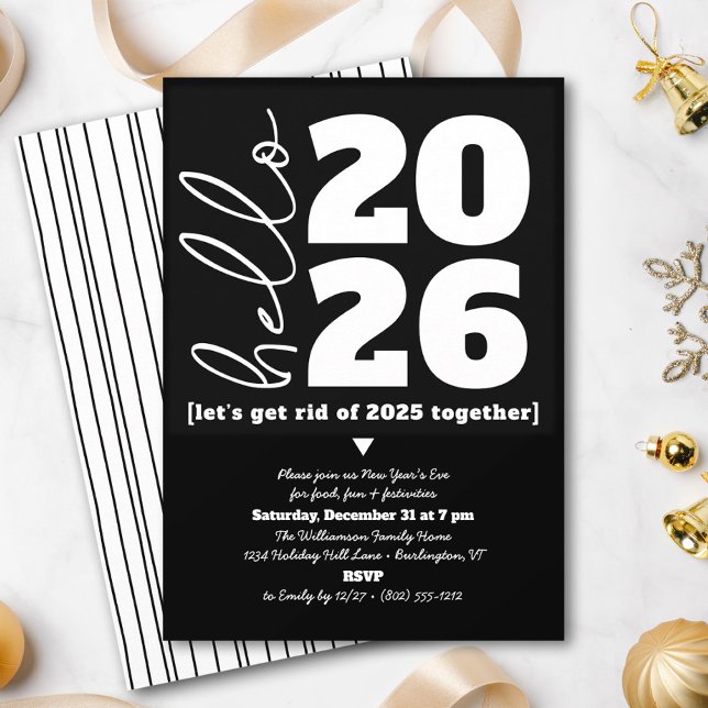 Hello New Year Black White Modern Custom Add Year  Invitation (Creator Uploaded)