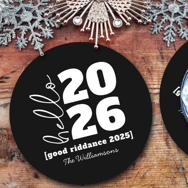 Hello New Year Bold Black White Custom Year Name Round Paper Coaster (Creator Uploaded)