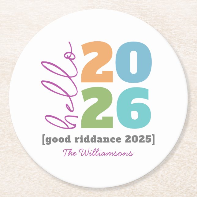 Hello New Year Bold Modern Custom Year Name Humour Round Paper Coaster (Front)