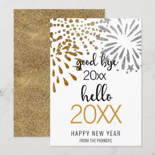 Hello New Year Festive Fireworks Gold Glitter Chic Holiday Card