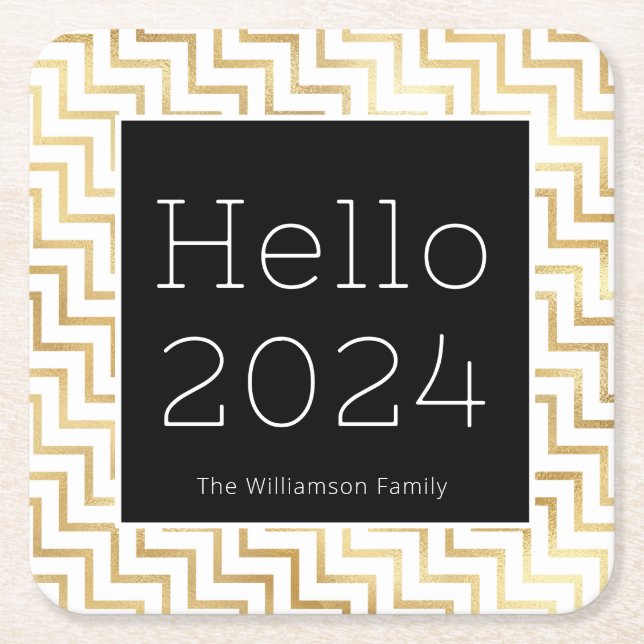 Hello New Year Gold Chevron Modern  Square Paper Coaster (Front)