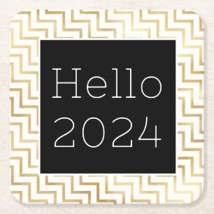Hello New Year Gold Chevron Modern Square Paper Coaster