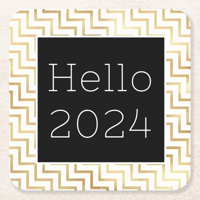 Hello New Year Gold Chevron Modern  Square Paper Coaster (Front)
