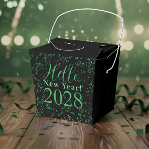 Hello New Year! New Year's Eve Green Black Sparkle Favor Box