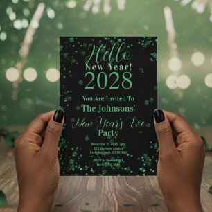 Hello New Year! New Year's Eve Green Black Sparkle Invitation