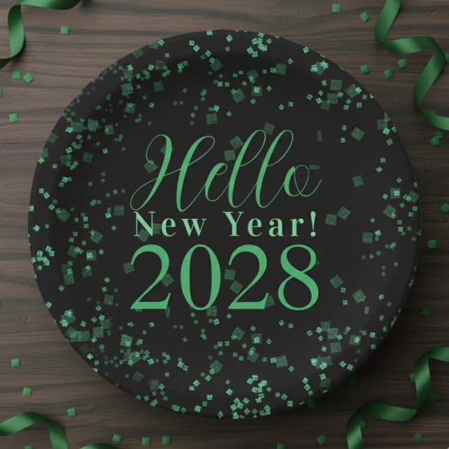 Hello New Year! New Year's Eve Green Black Sparkle Paper Plate (Creator Uploaded)