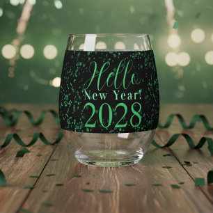 Hello New Year! New Year's Eve Green Black Sparkle Stemless Wine Glass