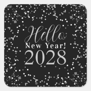 Hello New Year's Eve Black and Silver Sparkle Square Sticker