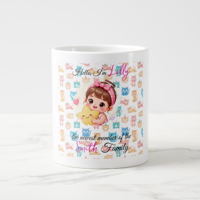 Hello newest member of family patterns cat custom large coffee mug (Front)