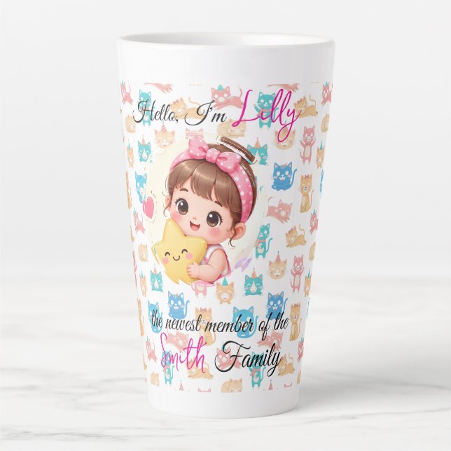 Hello newest member of family patterns cat custom latte mug (Front)