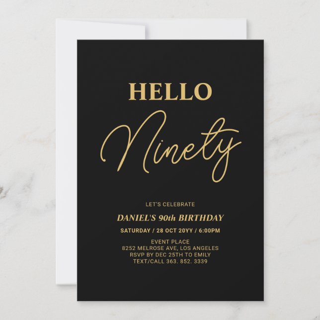 Hello Ninety | Gold & Black 90th Birthday Party Invitation (Front)