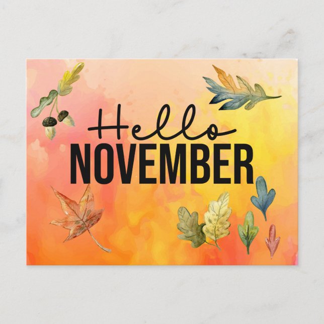 Hello November with Falling Leaves watercolor  Holiday Postcard (Front)