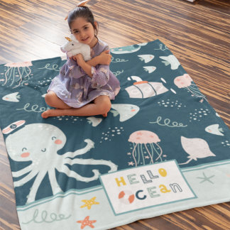 Hello Ocean Octopus and Fish Nautical Blue Kid Fle Fleece Blanket