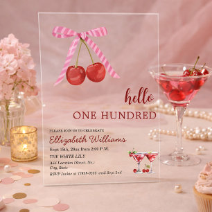Hello One Hundred Cherry Martini Birthday Party Acrylic Invitations