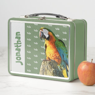 ‘Hello’ Orange Teal Yellow & Green Parrot Phot Metal Lunch Box