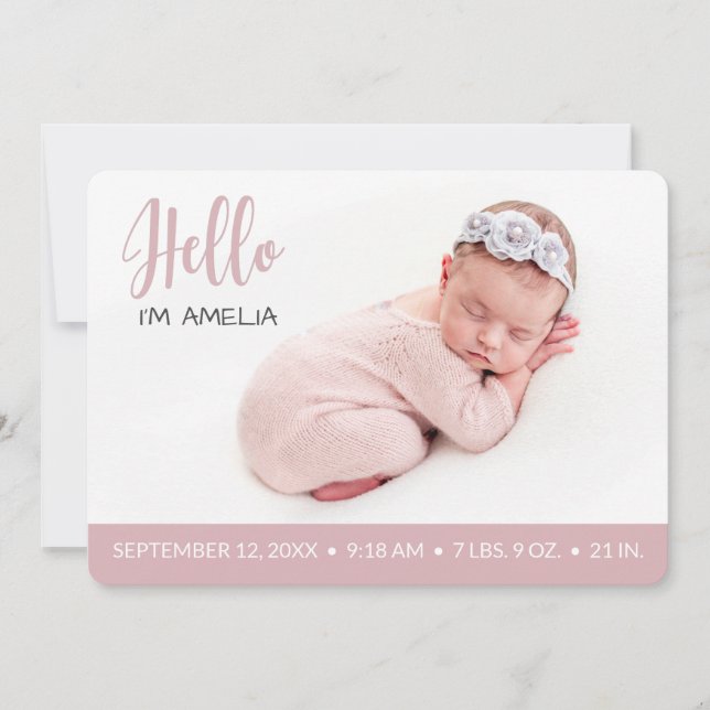 Hello overlay baby girl photo modern old pink announcement (Front)