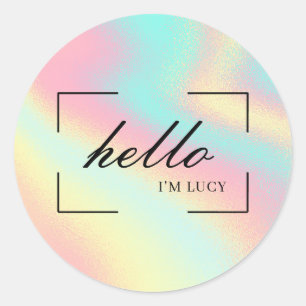 Hello Pastel Holographic Marketing Name Classic Round Sticker