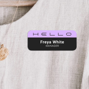 Hello Pastel Purple Black Name Tag