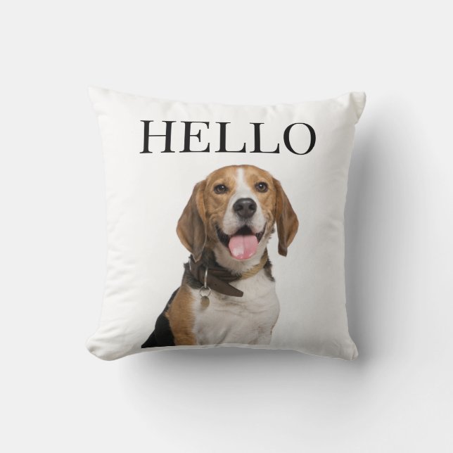 Hello Personalized Beagle Dog Portrait Photo Throw Pillow (Front)