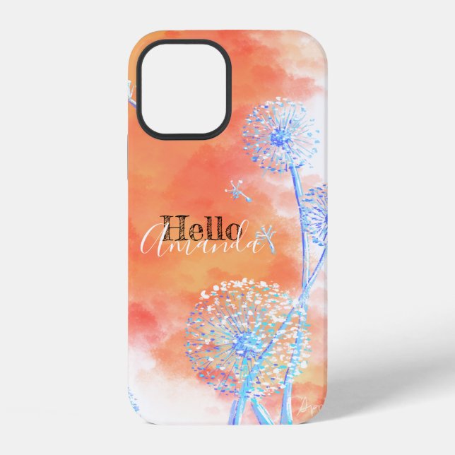 Hello personalized Dandelion clocks orange clouds iPhone Case (Back)