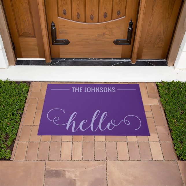 HELLO Personalized Family Name Welcome Mat Purple (Outdoor)