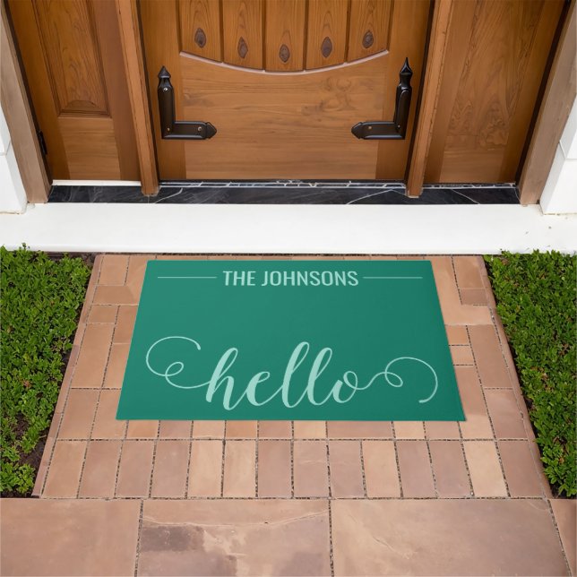 HELLO Personalized Family Name Welcome Mat Teal (Outdoor)
