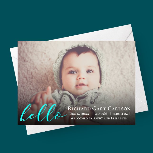 Hello Photo Baby Birth Announcement (bright blue hello baby, photo birth announcement card)