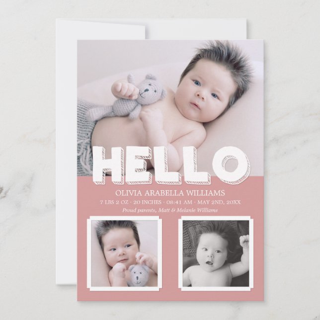 Hello Pink Baby Announcement Photo Collage (Front)