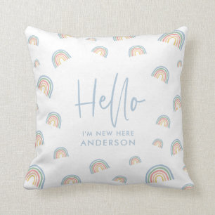 Hello pink girly rainbow new baby baby bib throw pillow