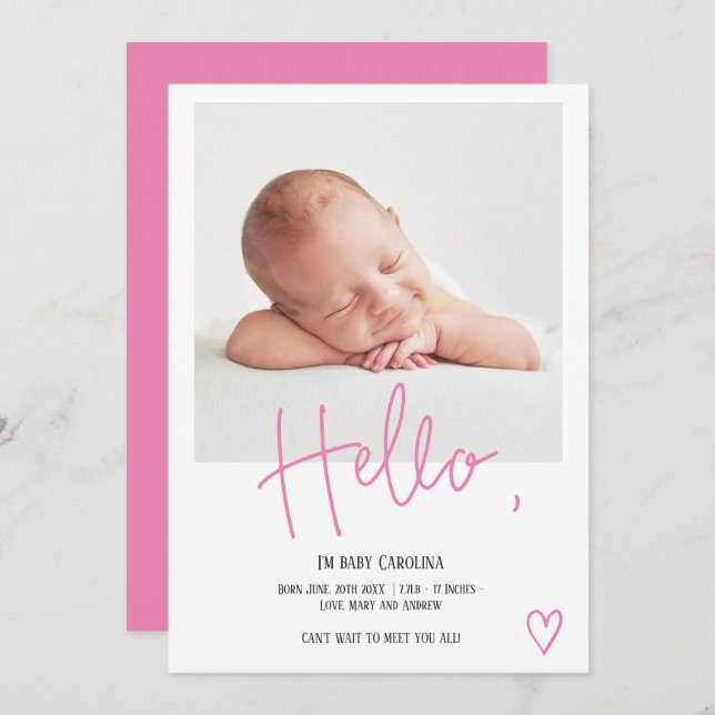 Hello pink script heart photo girl baby birth announcement (Front/Back)