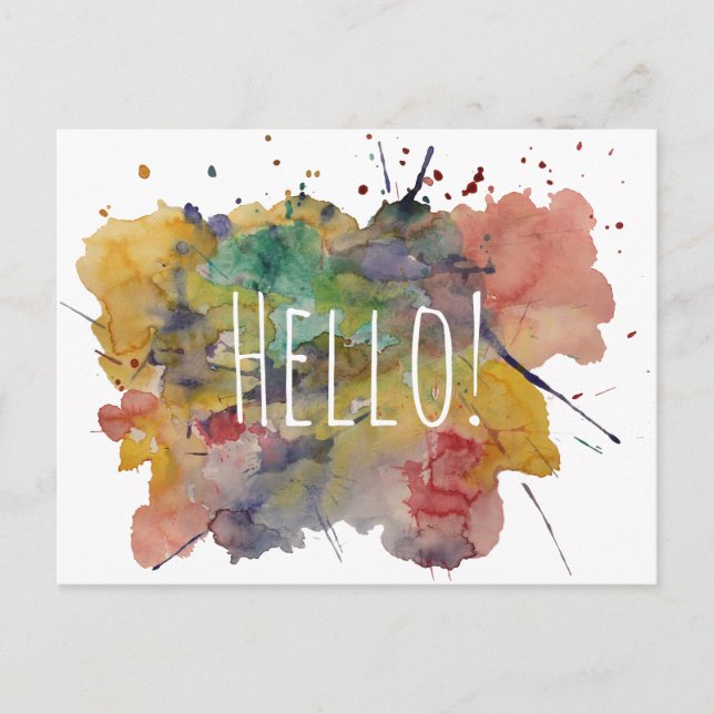 Hello Postcard with Colorful Watercolor Splashes (Front)