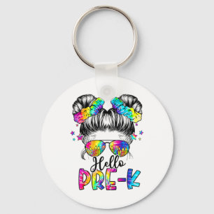 Hello Pre-k Messy Hair Bun Girl Back To School Fir Keychain