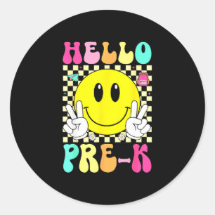 Hello prek teacher retro smile face back to school classic round sticker