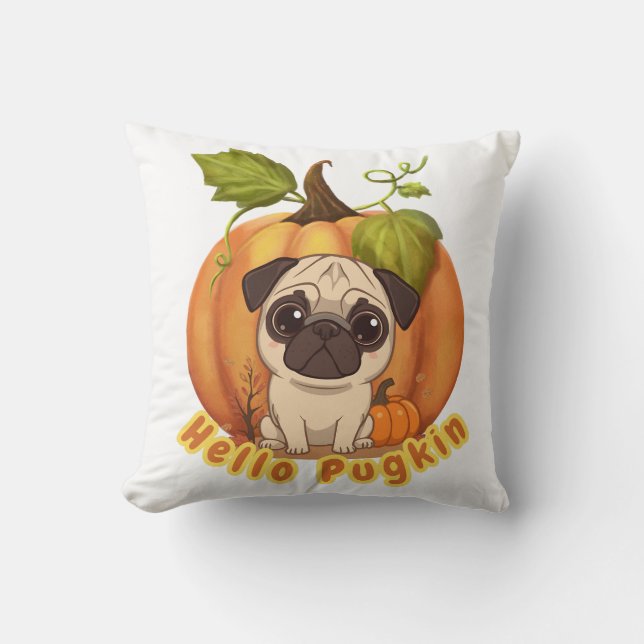 Hello Pugkin | Cute Halloween Pug Pumpkin Design Throw Pillow (Front)