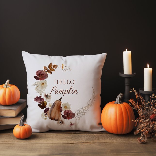 Hello Pumpkin and Fall Leaves Throw Pillow (Creator Uploaded)