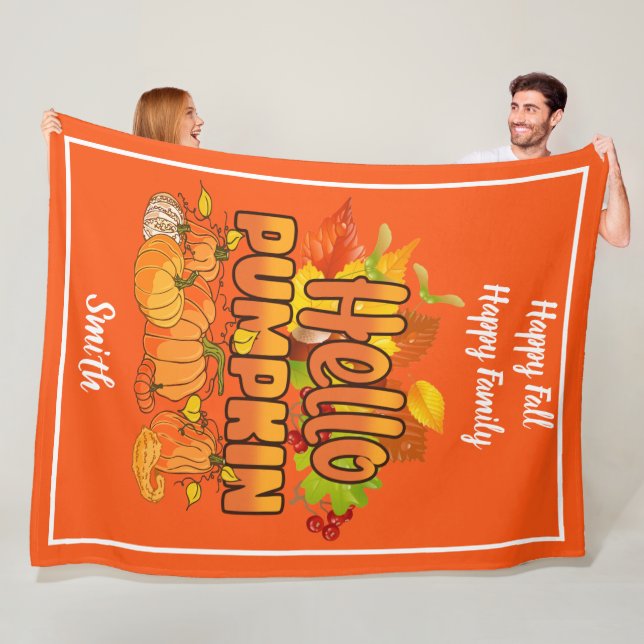 Hello Pumpkin Autumn Customize Text and Colour Fleece Blanket (In Situ)