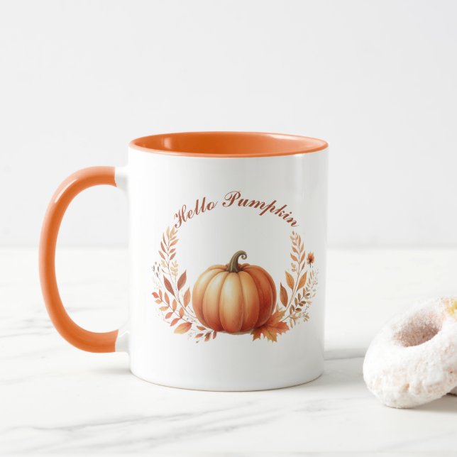 Hello  Pumpkin Autumn Customized Text Mug (With Donut)