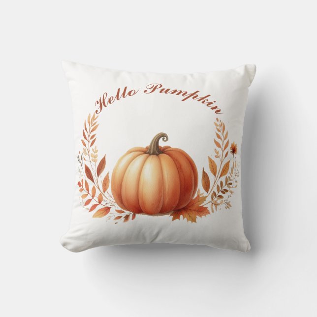Hello  Pumpkin Autumn Customized Text Throw Pillow (Front)