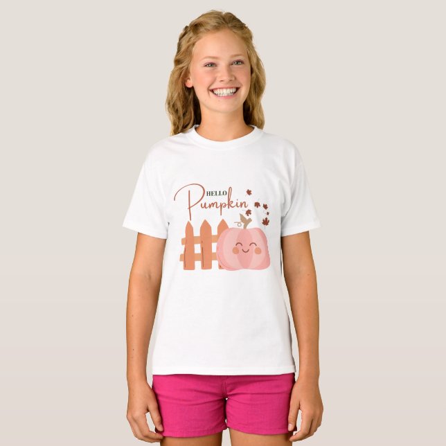 Hello Pumpkin Autumn Fall Pink T-Shirt (Front Full)