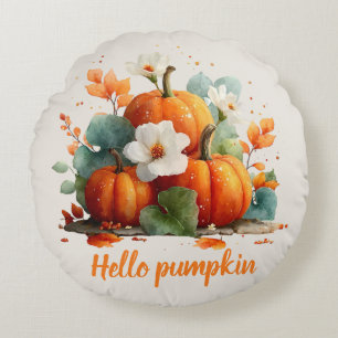 Hello Pumpkin Autumn Floral Design Round Pillow