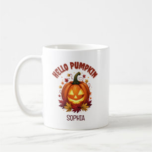 Hello Pumpkin Autumn Leaves Personalized Coffee Mug