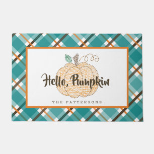 Hello Pumpkin Autumn Teal Orange Plaid Door Mat